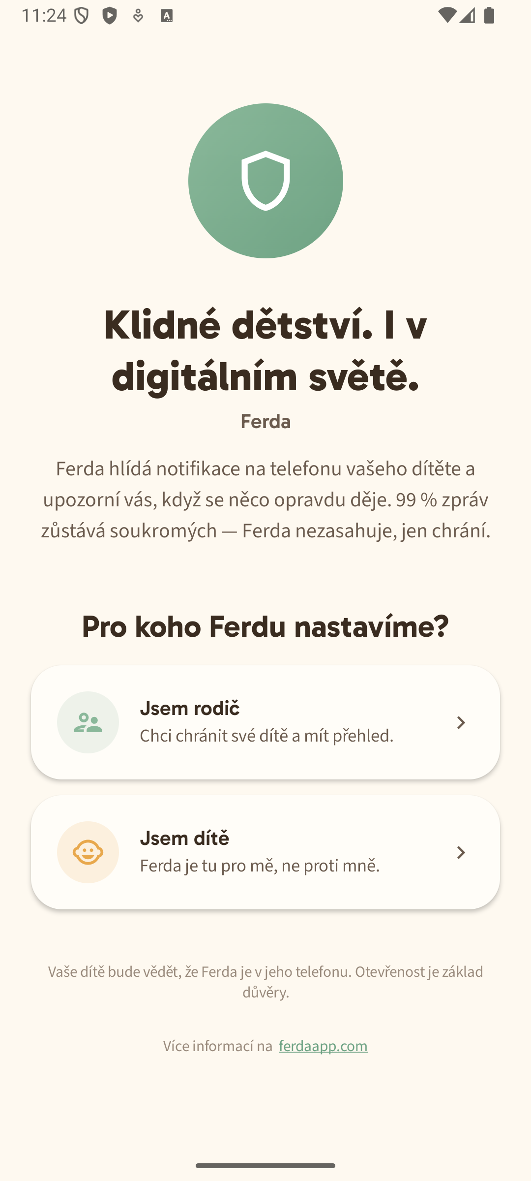 Úvodní obrazovka Ferdy s výběrem role rodič nebo dítě