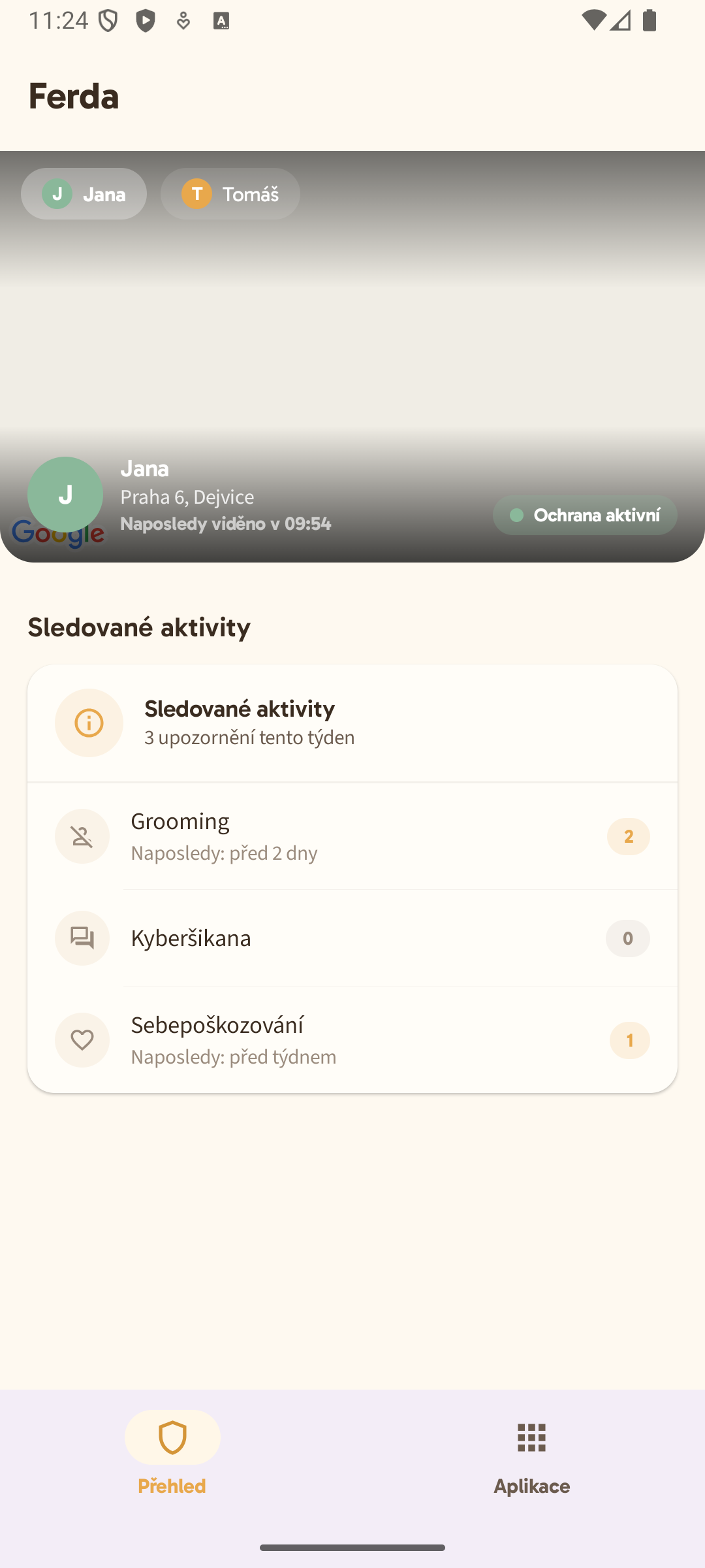 Rodičovský přehled — mapa polohy a detekované hrozby