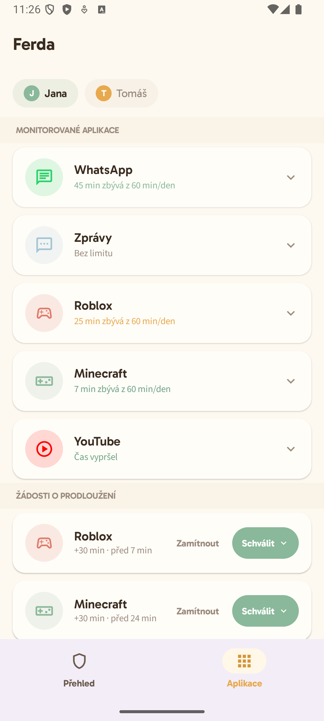 Správa aplikací — monitorované aplikace s časovými limity
