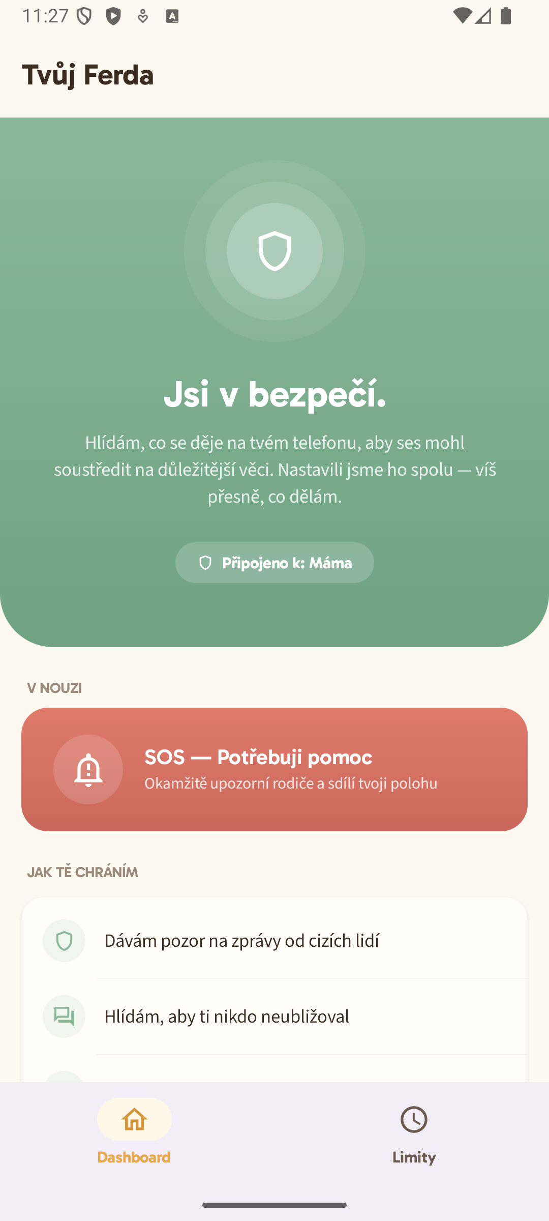 Dětská obrazovka Ferdy — Jsi v bezpečí, SOS tlačítko