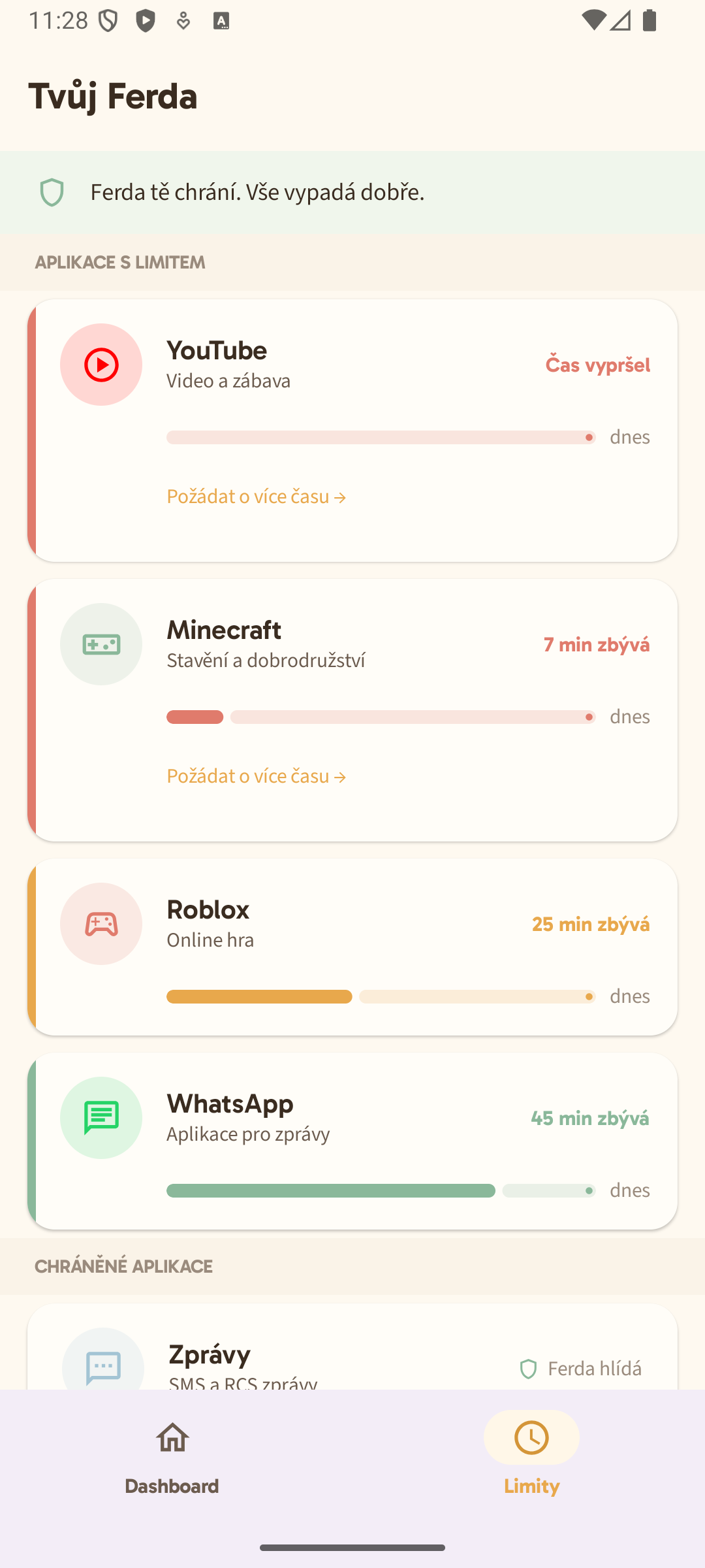 Limity aplikací z pohledu dítěte — čas na YouTube, Minecraft, Roblox
